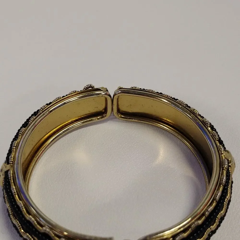 Hinged Bangle Bracelet Gold Black Gimp Trim Fabric Gold-tone Metal 2.5